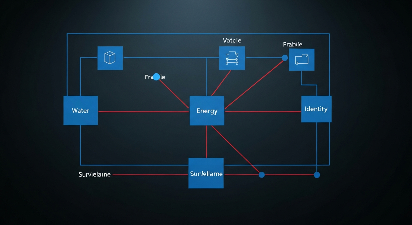 Cybersecurity architecture diagram showing critical infrastructure systems, attack paths, and defensive checkpoints